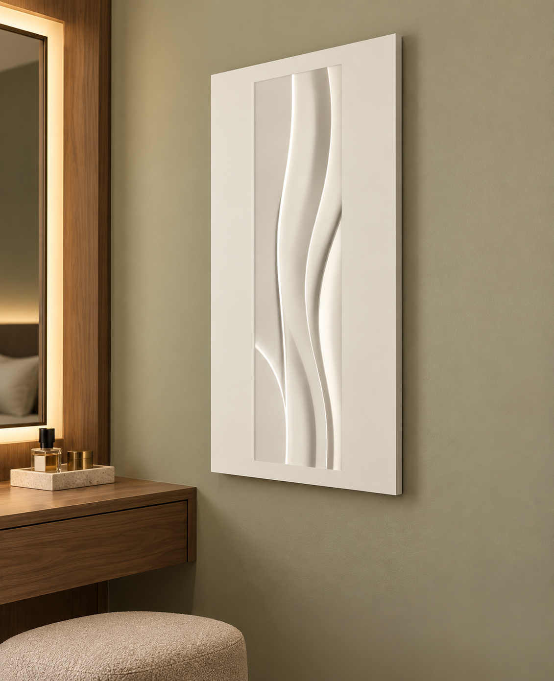 Slender Current Sweep satin white Corian wall panel, right view in a pale olive Mumbai bedroom alcove with a walnut dressing console.