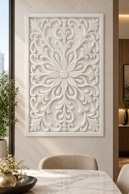 Slender Daisy Vine Corian wall panel, front view on a dining nook wall in a Mumbai home; AI-assisted concept visualisation