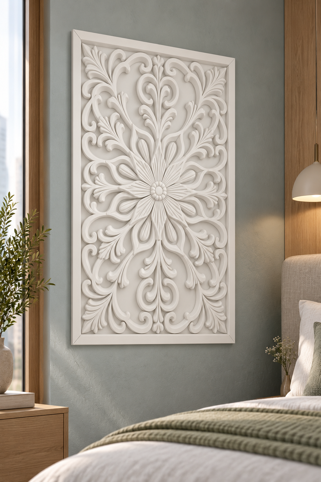 Slender Daisy Vine Corian wall panel, left view on a bedroom reading wall in a Mumbai home; AI-assisted concept visualisation