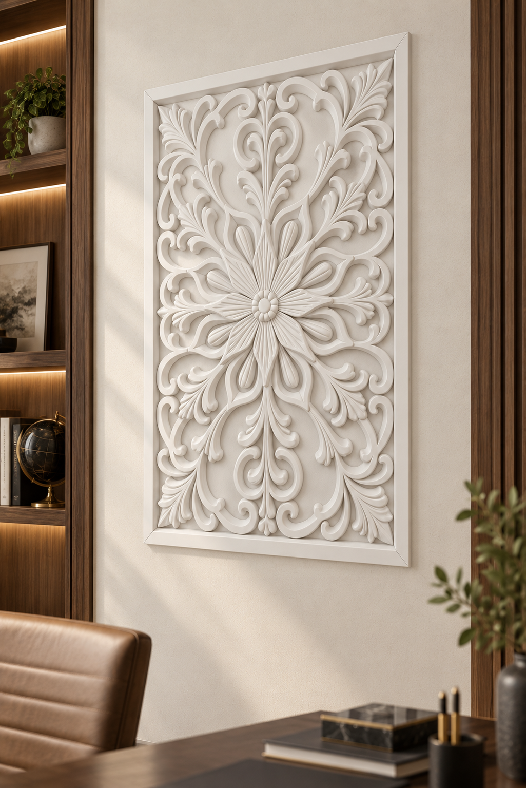 Slender Daisy Vine Corian wall panel, right view on a home study accent wall in a Mumbai home; AI-assisted concept visualisation