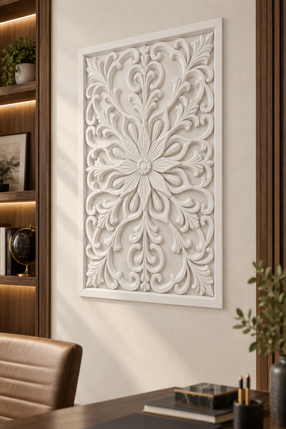 Slender Daisy Vine Corian wall panel, right view on a home study accent wall in a Mumbai home; AI-assisted concept visualisation
