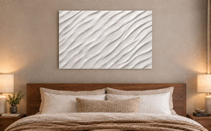 Slender Diagonal Ripples Corian wall panel, front view in a Mumbai bedroom headboard wall; AI-assisted concept visualisation