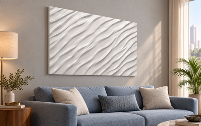 Slender Diagonal Ripples Corian wall panel, left view in a Mumbai living room sofa wall; AI-assisted concept visualisation
