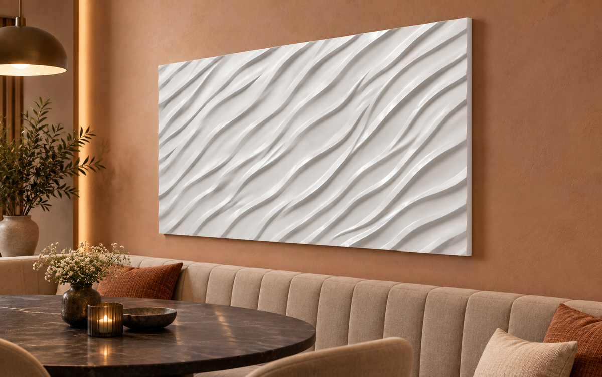 Slender Diagonal Ripples Corian wall panel, right view in a Mumbai dining room banquette wall; AI-assisted concept visualisation