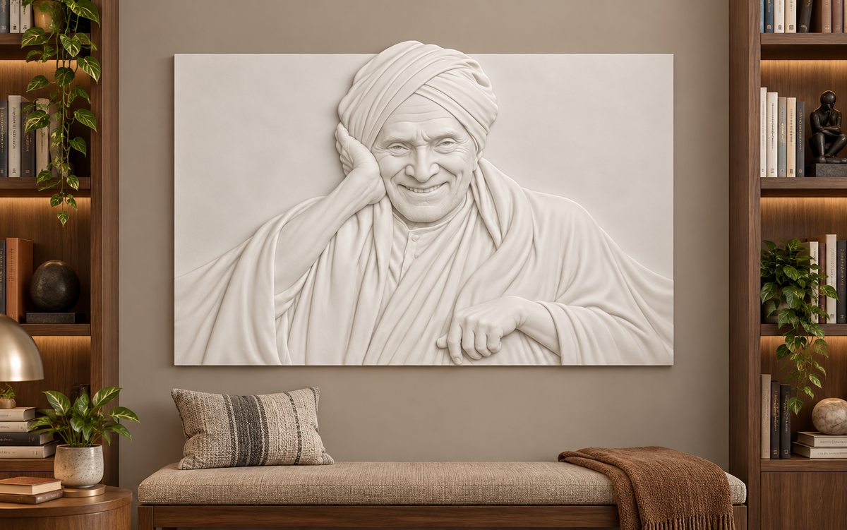 Smiling Elder Portrait Corian wall panel, 4 x 2.5 ft, front view in home library, 12–24 mm total depth