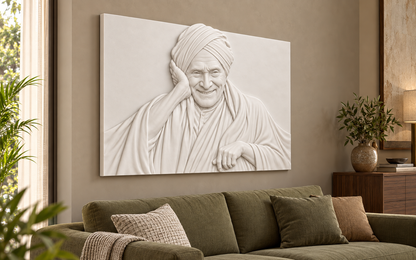 Smiling Elder Portrait Corian wall panel, 4 x 2.5 ft, left view in quiet family lounge, 12–24 mm total depth