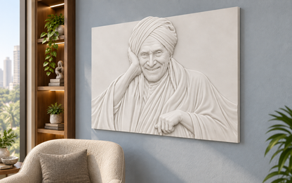 Smiling Elder Portrait Corian wall panel, 4 x 2.5 ft, right view in reading alcove, 12–24 mm total depth