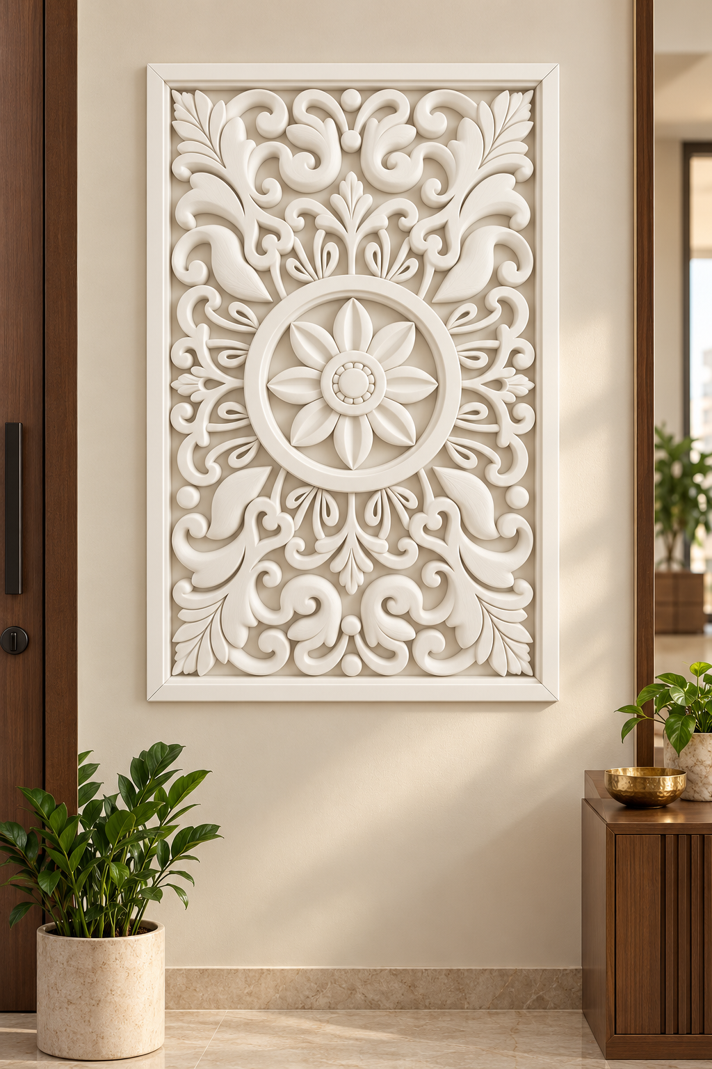 Smooth Petal Scroll Ring Corian wall panel, front view on a compact entrance foyer wall in a Mumbai home; AI-assisted concept visualisation