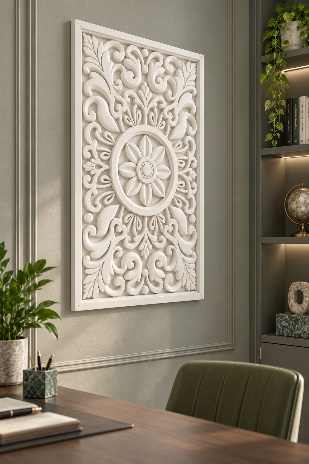 Smooth Petal Scroll Ring Corian wall panel, left view on a home study accent wall in a Mumbai home; AI-assisted concept visualisation
