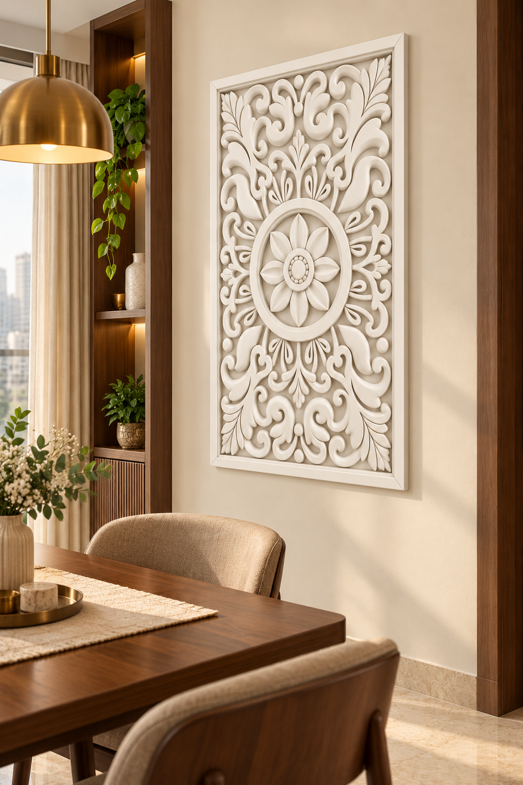 Smooth Petal Scroll Ring Corian wall panel, right view on a dining nook wall in a Mumbai home; AI-assisted concept visualisation