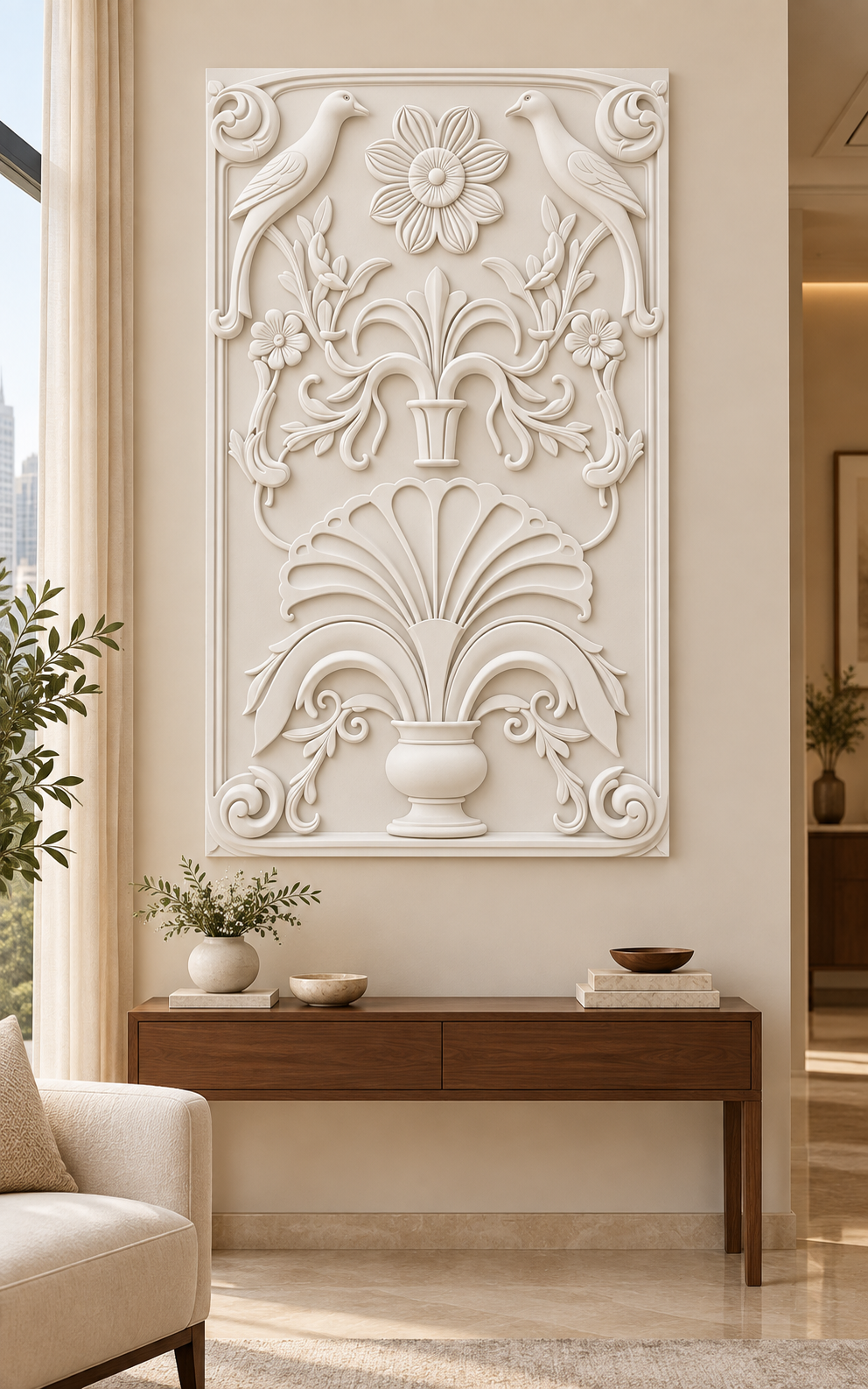 Songbird Palmette Urn Corian wall panel, front view in a Mumbai classic living room; AI-assisted concept visualisation