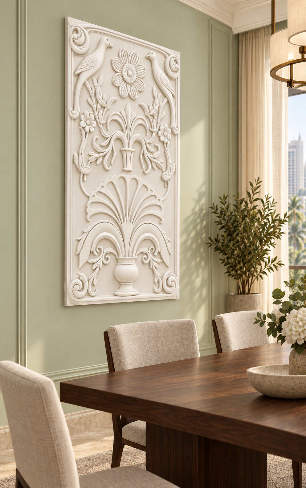 Songbird Palmette Urn Corian wall panel, left view in a Mumbai dining room display wall; AI-assisted concept visualisation