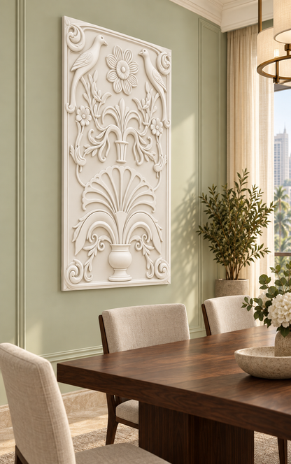 Songbird Palmette Urn Corian wall panel, left view in a Mumbai dining room display wall; AI-assisted concept visualisation