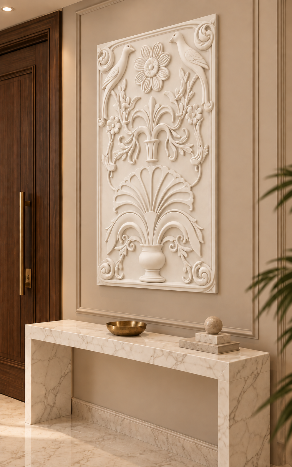 Songbird Palmette Urn Corian wall panel, right view in a Mumbai entrance reception area; AI-assisted concept visualisation