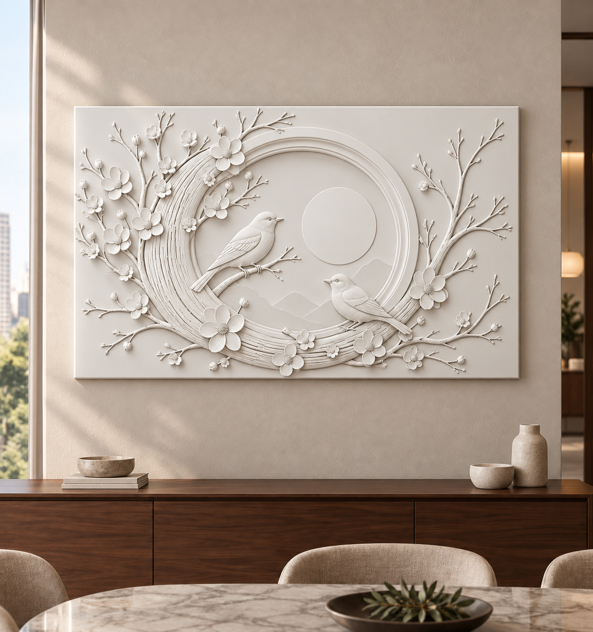 Songbirds in Blossom Ring Corian wall panel, front view in a Mumbai dining room sideboard wall; AI-assisted concept visualisation