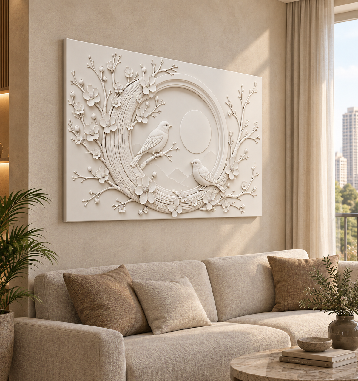 Songbirds in Blossom Ring Corian wall panel, left view in a Mumbai living room feature wall; AI-assisted concept visualisation