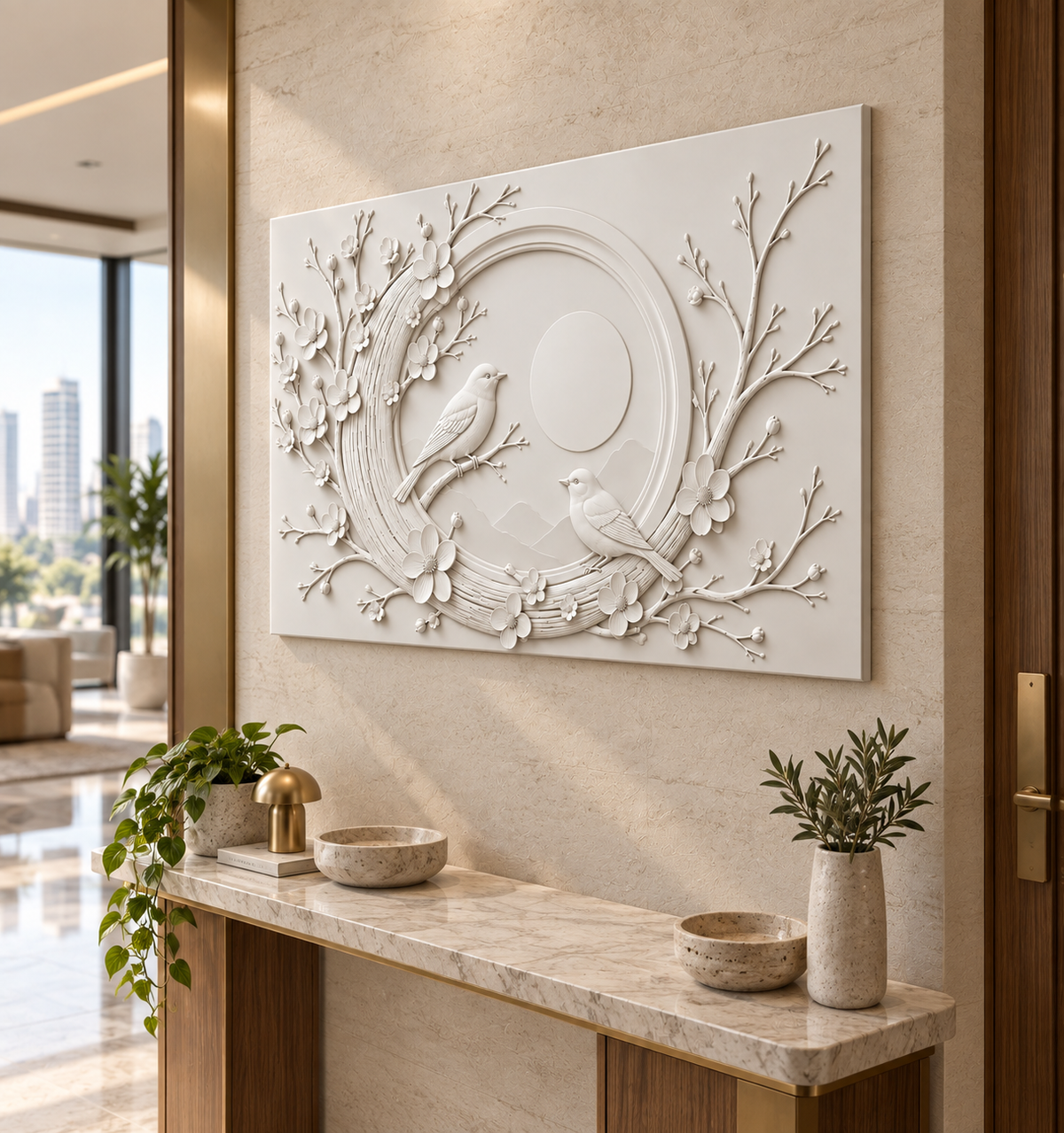 Songbirds in Blossom Ring Corian wall panel, right view in a Mumbai entrance console wall; AI-assisted concept visualisation