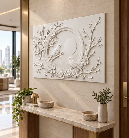 Songbirds in Blossom Ring Corian wall panel, right view in a Mumbai entrance console wall; AI-assisted concept visualisation