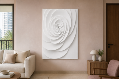 Spiral Rose white Corian wall panel, front view in a Mumbai home interior visualisation