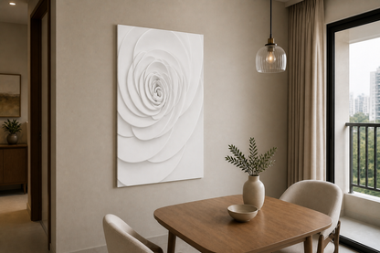 Spiral Rose white Corian wall panel, left angle view in a Mumbai home interior visualisation