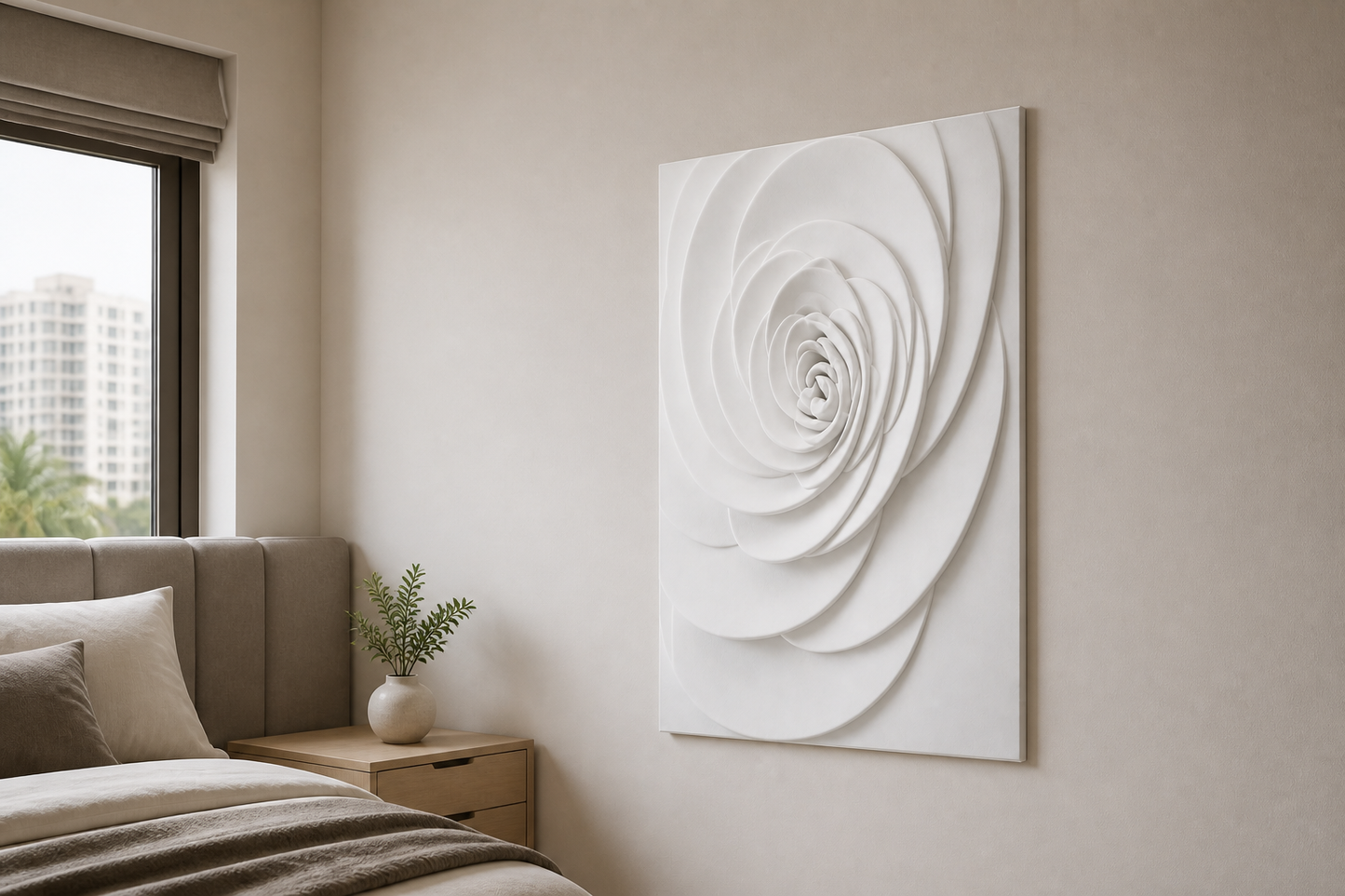 Spiral Rose white Corian wall panel, right angle view in a Mumbai home interior visualisation