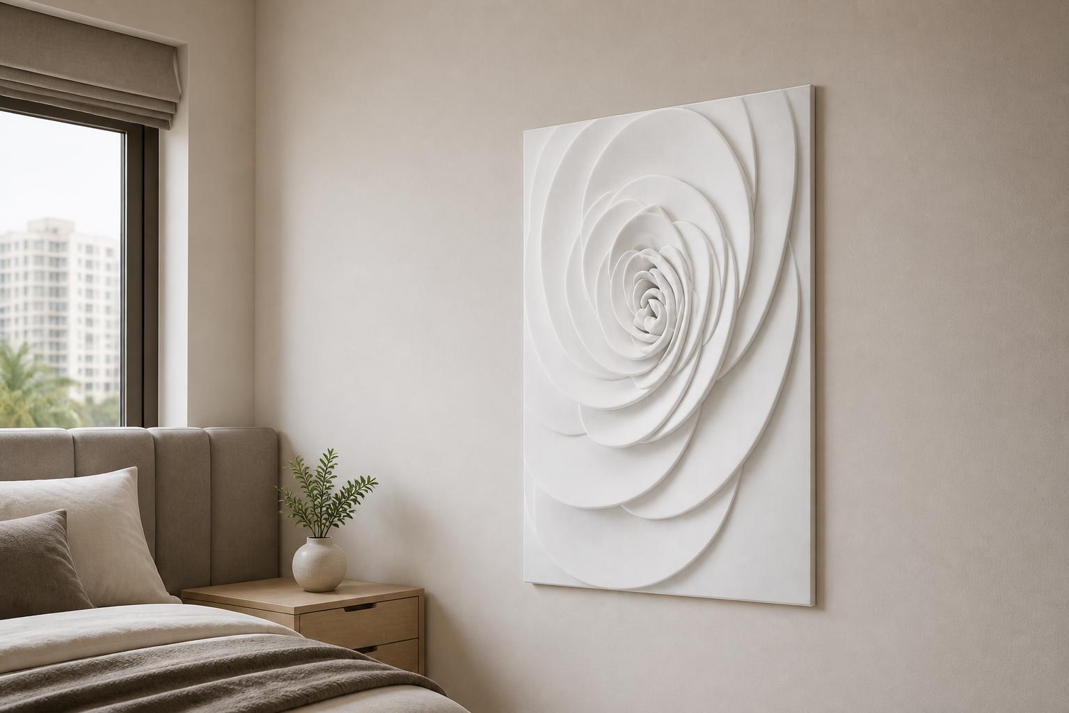 Spiral Rose white Corian wall panel, right angle view in a Mumbai home interior visualisation