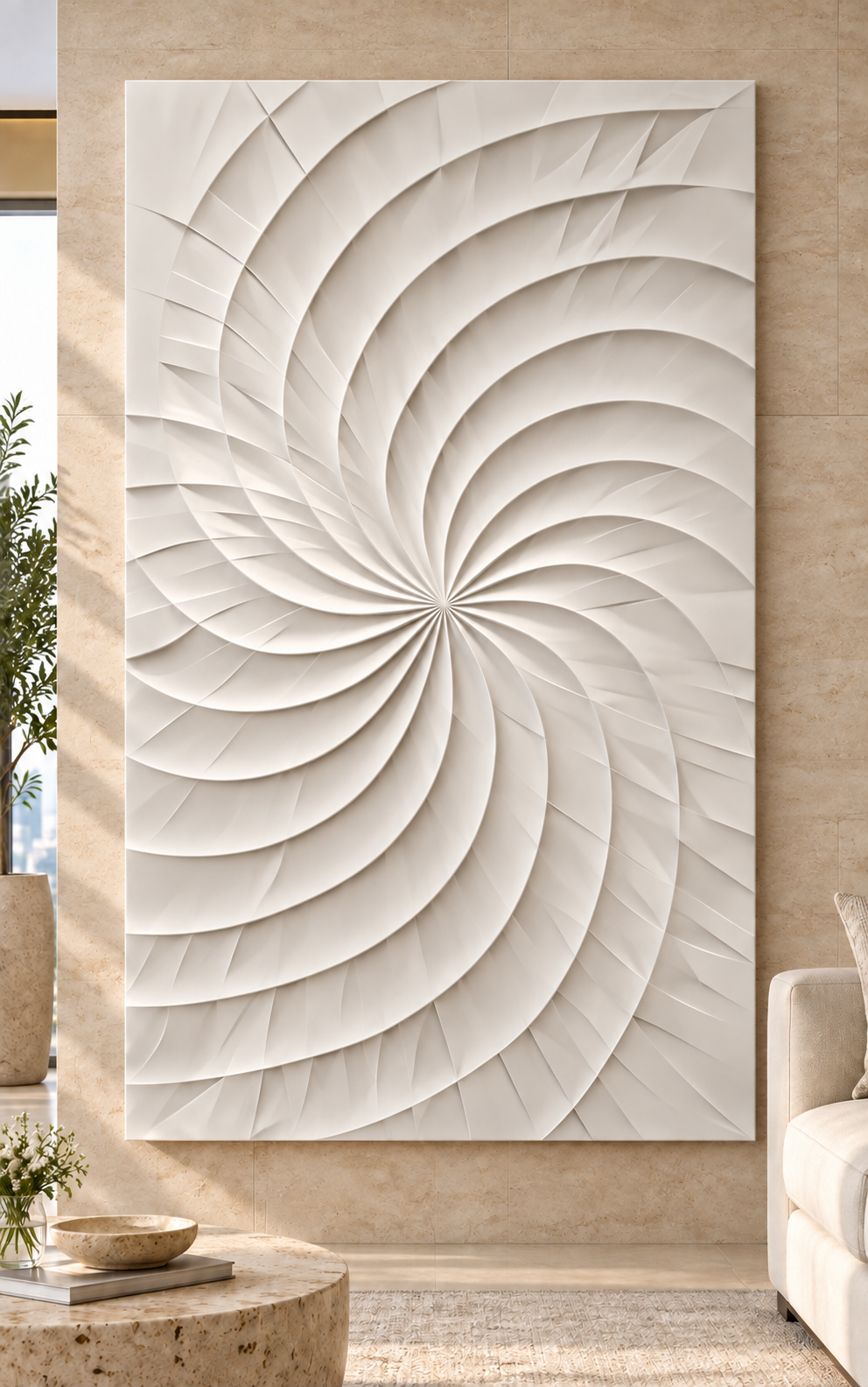 Spiral Sail Ribs Corian wall panel, front view in a Mumbai contemporary living room; AI-assisted concept visualisation
