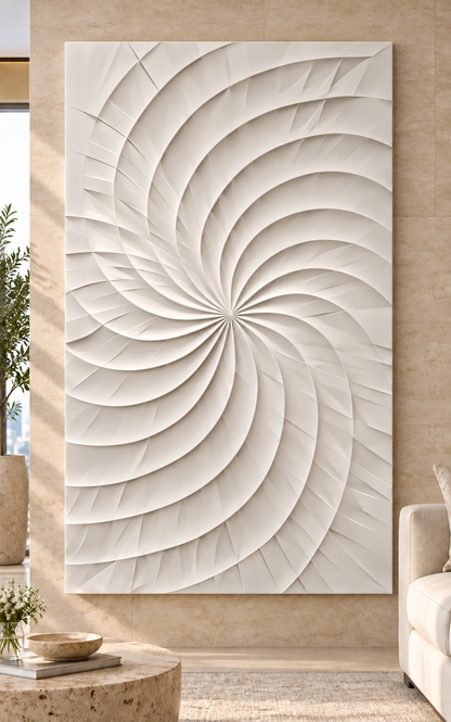 Spiral Sail Ribs Corian wall panel, front view in a Mumbai contemporary living room; AI-assisted concept visualisation