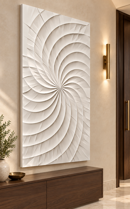 Spiral Sail Ribs Corian wall panel, left view in a Mumbai entrance statement wall; AI-assisted concept visualisation