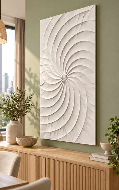 Spiral Sail Ribs Corian wall panel, right view in a Mumbai dining room console wall; AI-assisted concept visualisation