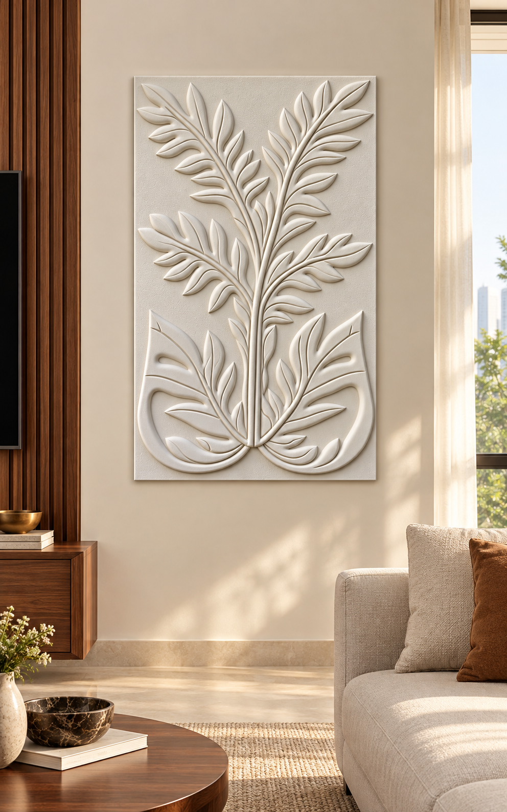 Split Leaf Fronds Corian wall panel, front view in a Mumbai modern living room; AI-assisted concept visualisation