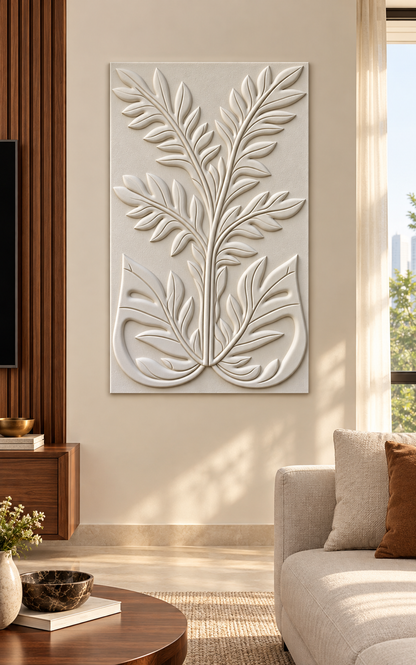 Split Leaf Fronds Corian wall panel, front view in a Mumbai modern living room; AI-assisted concept visualisation