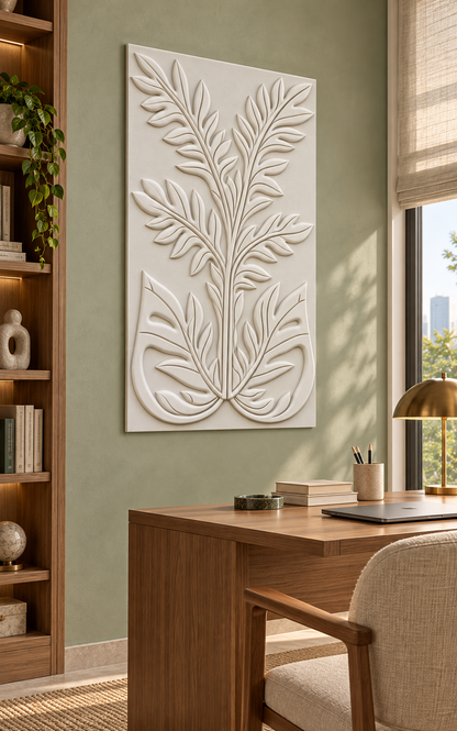 Split Leaf Fronds Corian wall panel, left view in a Mumbai home study; AI-assisted concept visualisation