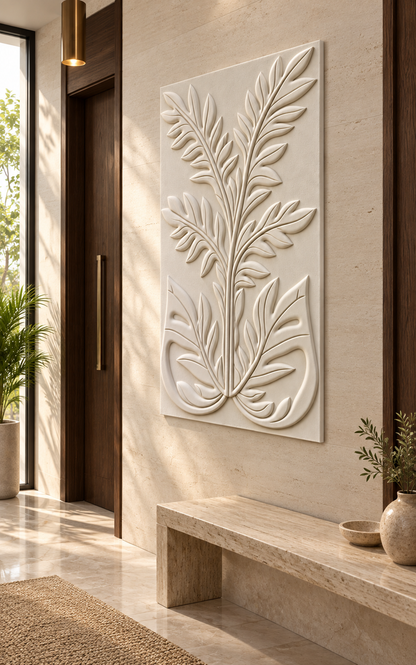 Split Leaf Fronds Corian wall panel, right view in a Mumbai entrance passage; AI-assisted concept visualisation