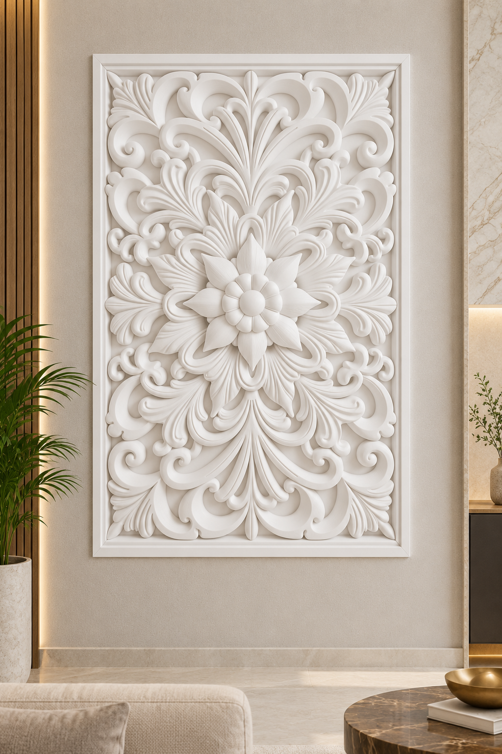 Star Bloom Acanthus Crest Corian wall panel, front view on a living room feature wall in a Mumbai home; AI-assisted concept visualisation