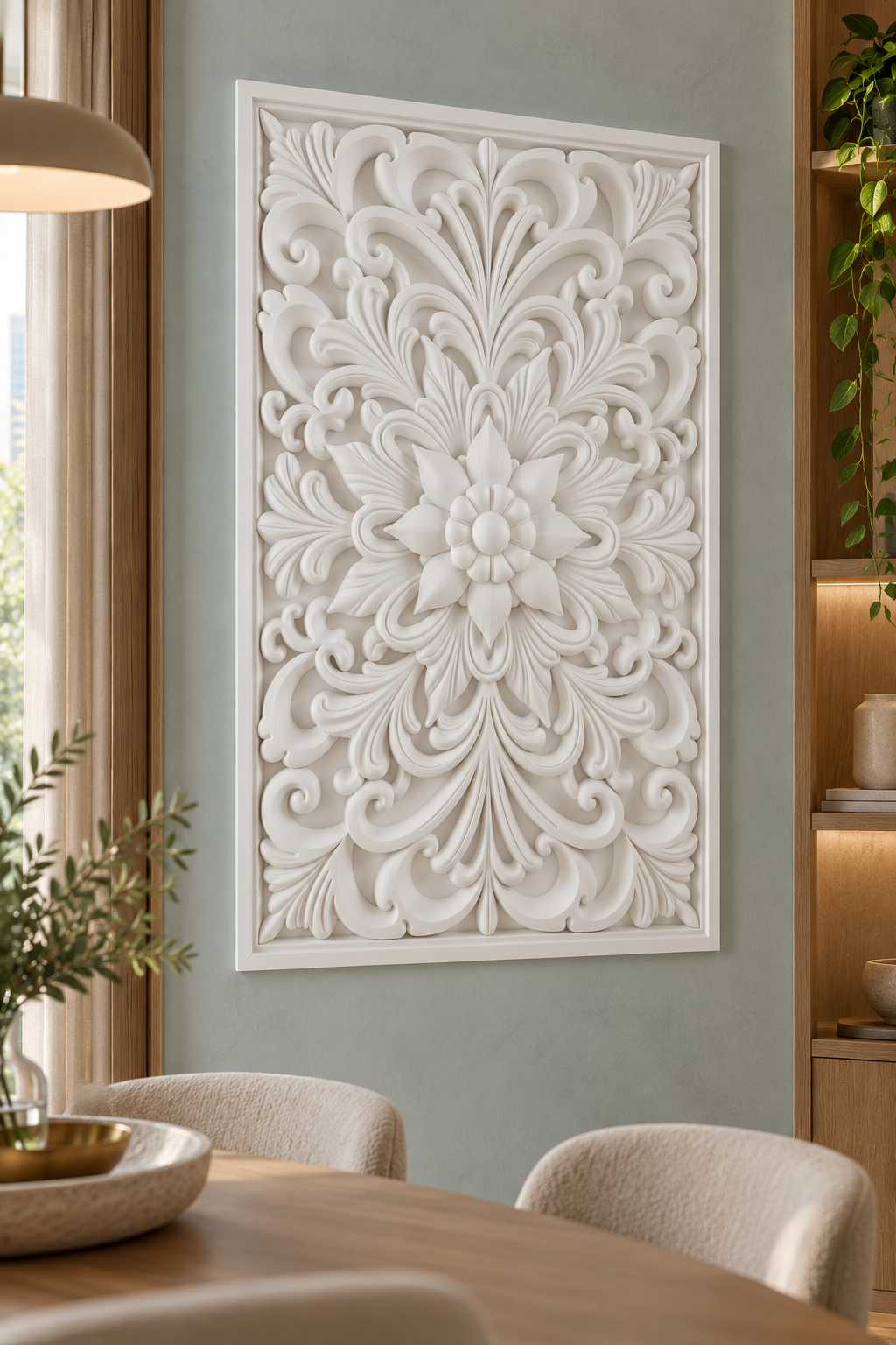 Star Bloom Acanthus Crest Corian wall panel, left view on a dining room alcove in a Mumbai home; AI-assisted concept visualisation