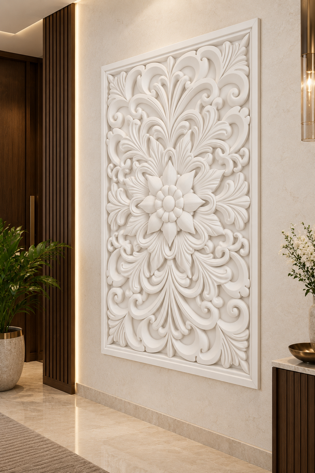 Star Bloom Acanthus Crest Corian wall panel, right view on an entrance reception wall in a Mumbai home; AI-assisted concept visualisation