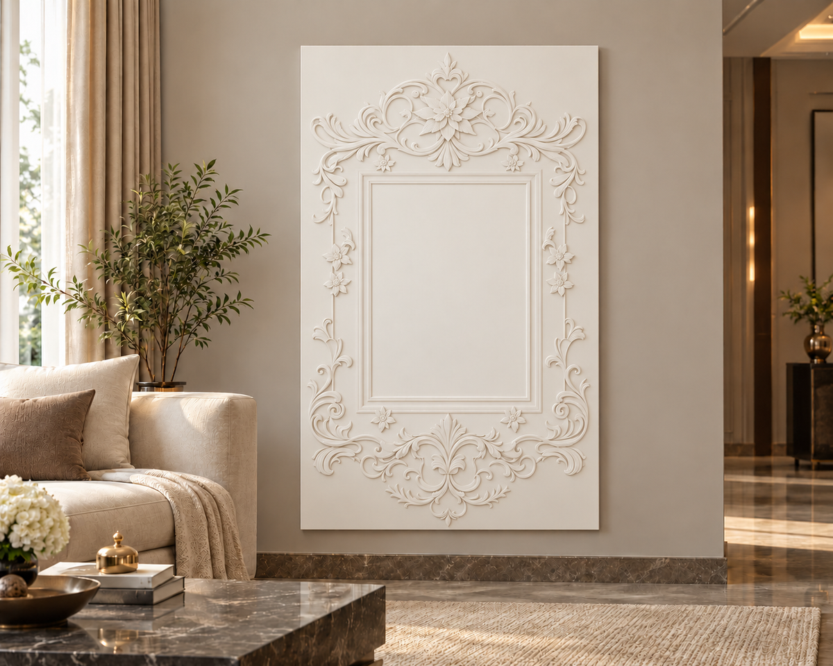 Front view of the white Star Blossom Crown Corian Wall Panel with a solid inset centre in a Mumbai formal living room
