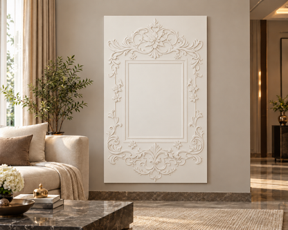 Front view of the white Star Blossom Crown Corian Wall Panel with a solid inset centre in a Mumbai formal living room