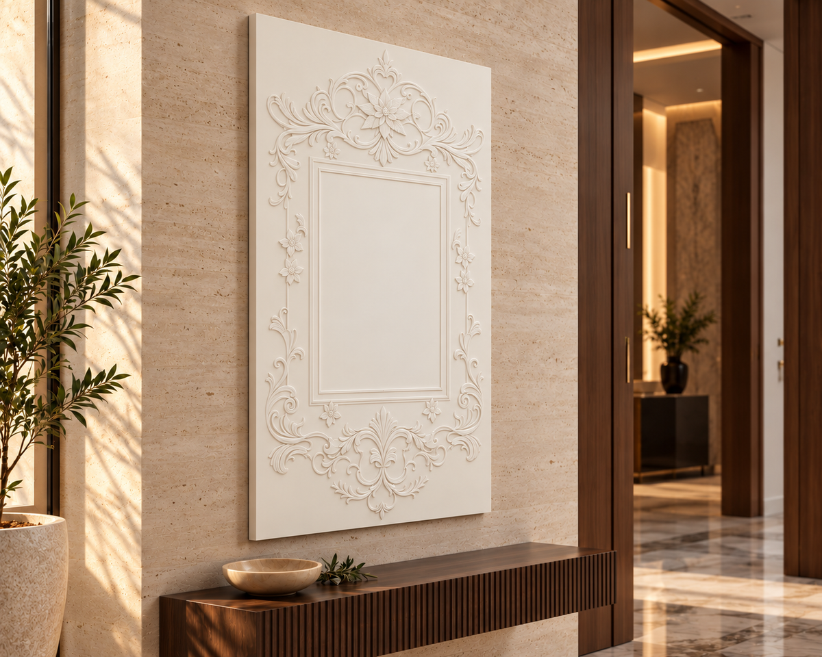 Left-angle view of the white Star Blossom Crown Corian Wall Panel with a solid inset centre in a Mumbai foyer