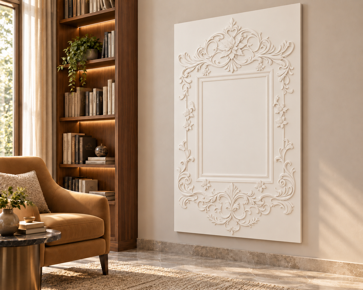Right-angle view of the white Star Blossom Crown Corian Wall Panel with a solid inset centre in a Mumbai reading area