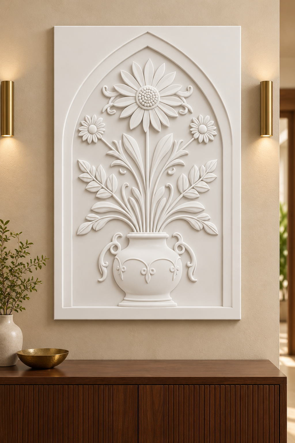 Star Daisy Blade Leaf Urn Corian wall panel, front view in a refined Mumbai apartment foyer with a walnut console and brass lighting; AI-assisted concept visualisation
