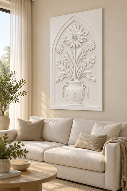 Star Daisy Blade Leaf Urn Corian wall panel, right view in a Mumbai living room with a low ivory sofa, pale oak side table and soft window light; AI-assisted concept visualisation