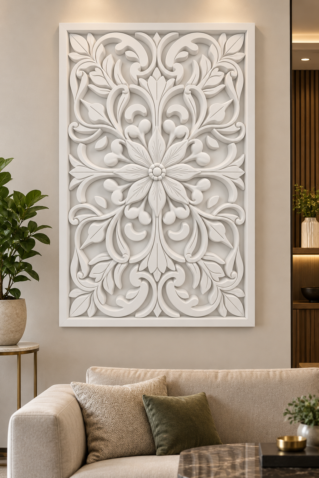 Starleaf Vine Flourish Corian wall panel, front view on a family lounge accent wall in a Mumbai home; AI-assisted concept visualisation
