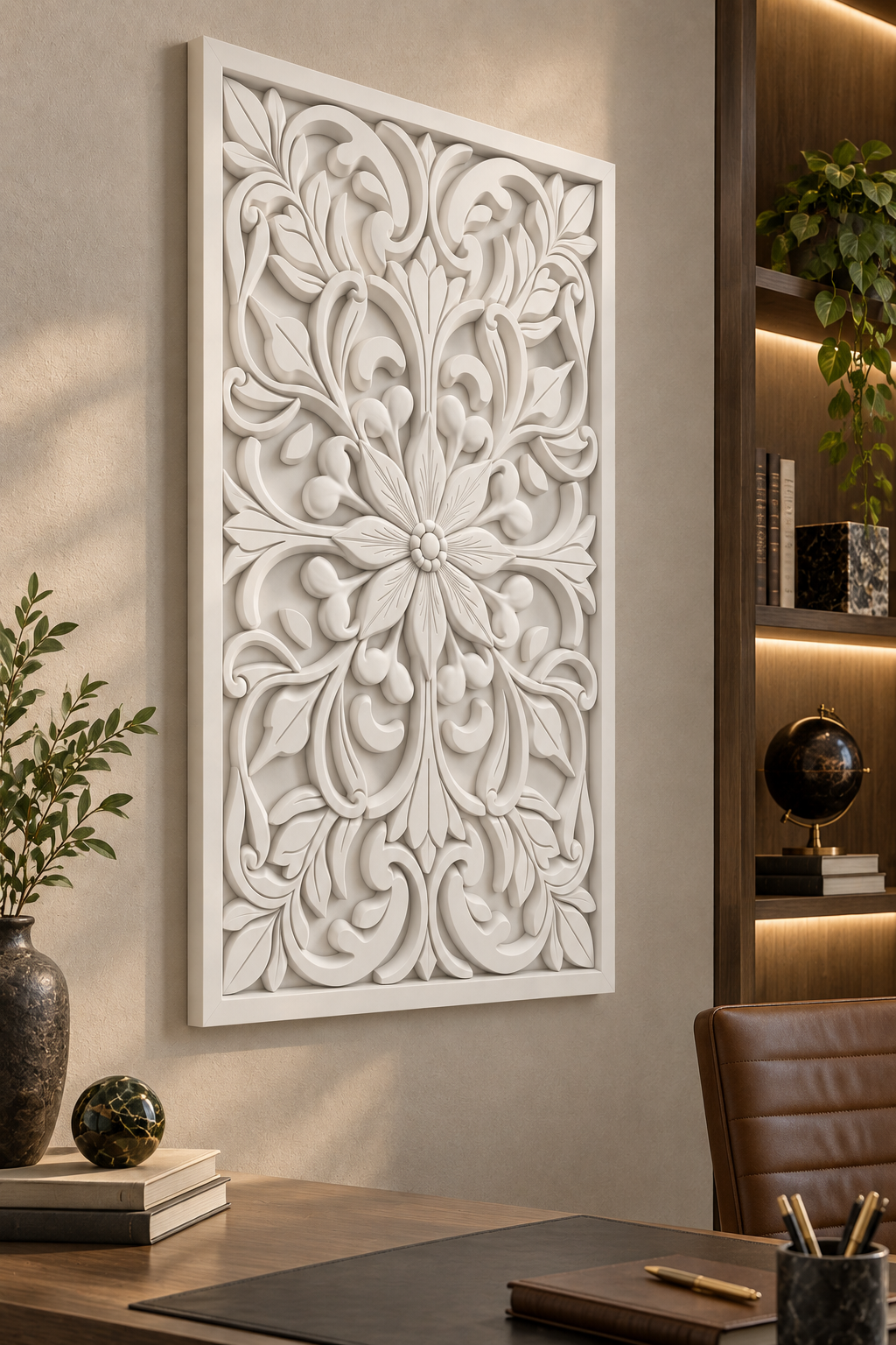 Starleaf Vine Flourish Corian wall panel, left view on a home study feature wall in a Mumbai home; AI-assisted concept visualisation