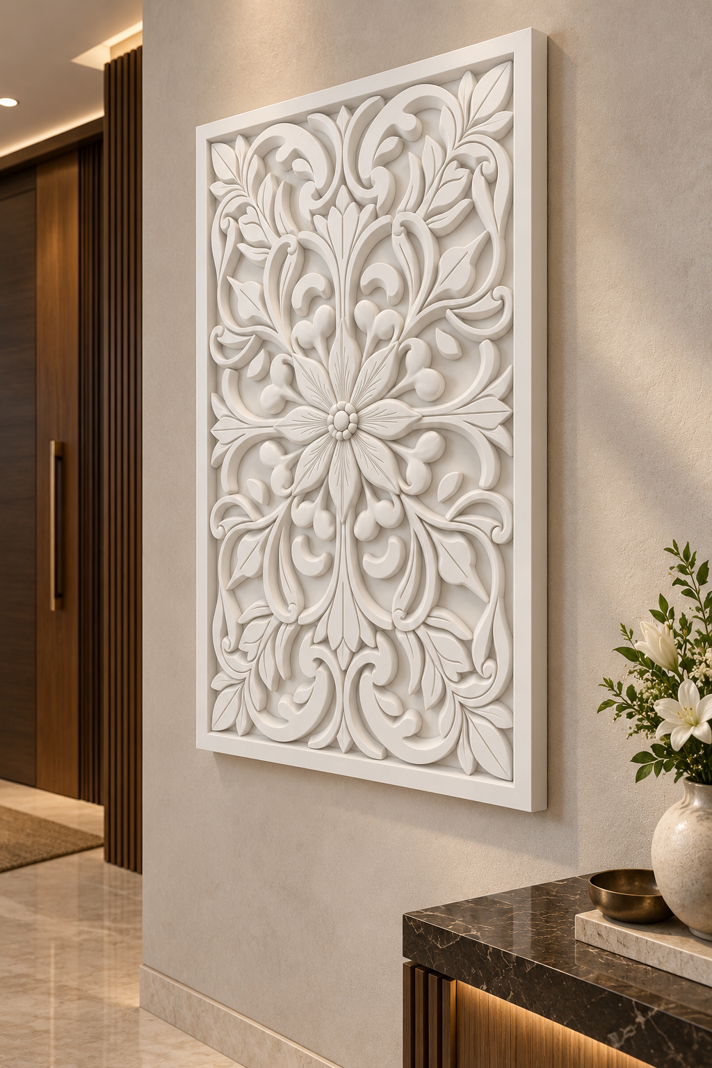 Starleaf Vine Flourish Corian wall panel, right view on an entrance foyer wall in a Mumbai home; AI-assisted concept visualisation