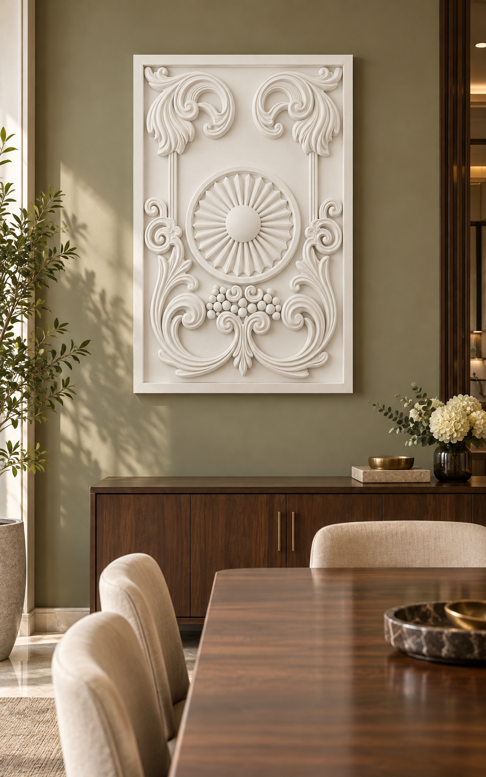 Sunburst Scroll Cartouche satin white Corian wall panel front view in luxury Mumbai formal dining room with muted olive wall, walnut sideboard and beige upholstered dining chairs