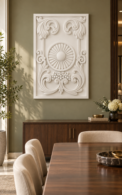 Sunburst Scroll Cartouche satin white Corian wall panel front view in luxury Mumbai formal dining room with muted olive wall, walnut sideboard and beige upholstered dining chairs