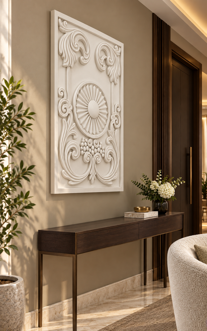 Sunburst Scroll Cartouche satin white Corian wall panel left view in luxury Mumbai entrance lounge with warm taupe wall, slim dark oak console and boucle accent chair