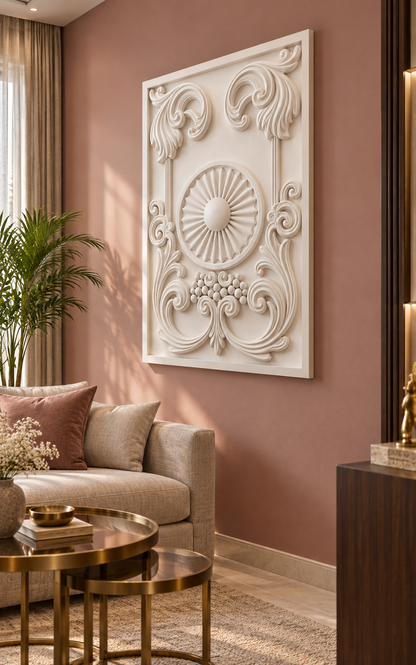 Sunburst Scroll Cartouche satin white Corian wall panel right view in luxury Mumbai formal living room with dusty rose wall, linen sofa and brass nesting tables